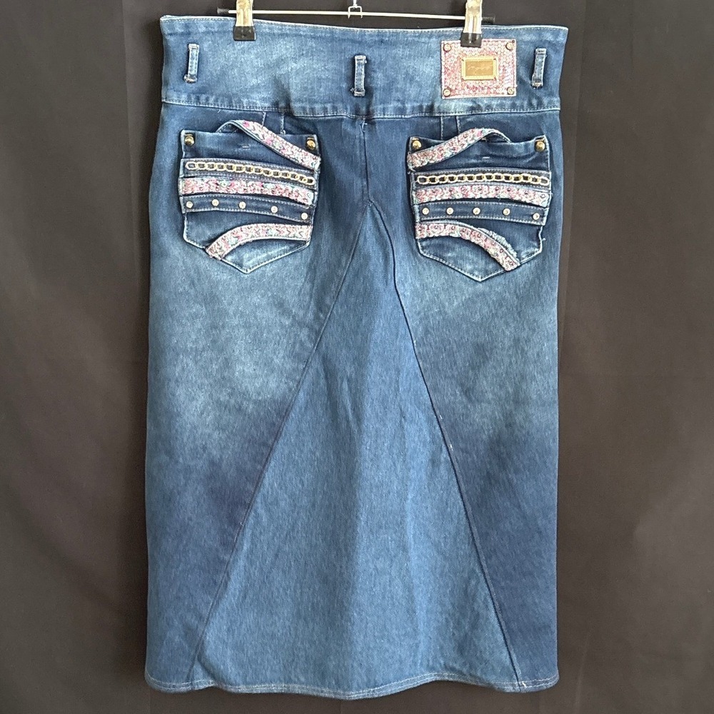 Mara Divine Blue Denim Embellished Midi Skirt Womens Plus Size 16 High Waist Y2K